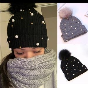 Pretty Rhinestone Pearl knitted hats fur pom pom beanie soft warm winter hat